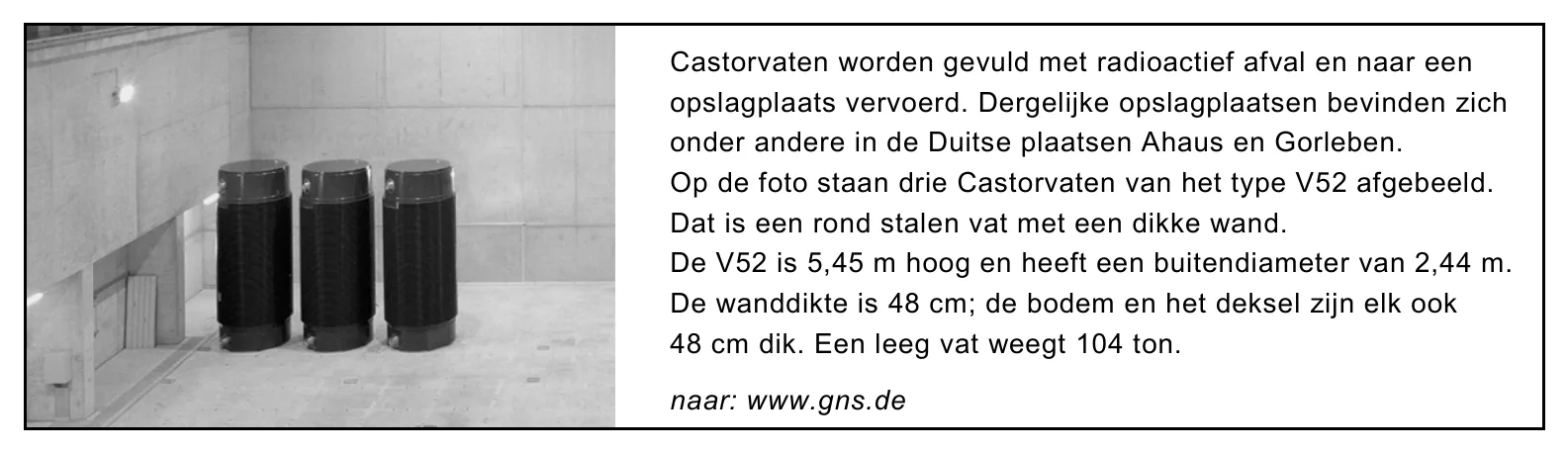 Castorvaten worden gevuld met radioactief afval en naar een opslagplaats vervoerd. Dergelijke opslagplaatsen bevinden zich onder andere in de Duitse plaatsen Ahaus en Gorleben. Op de foto staan drie Castorvaten van…