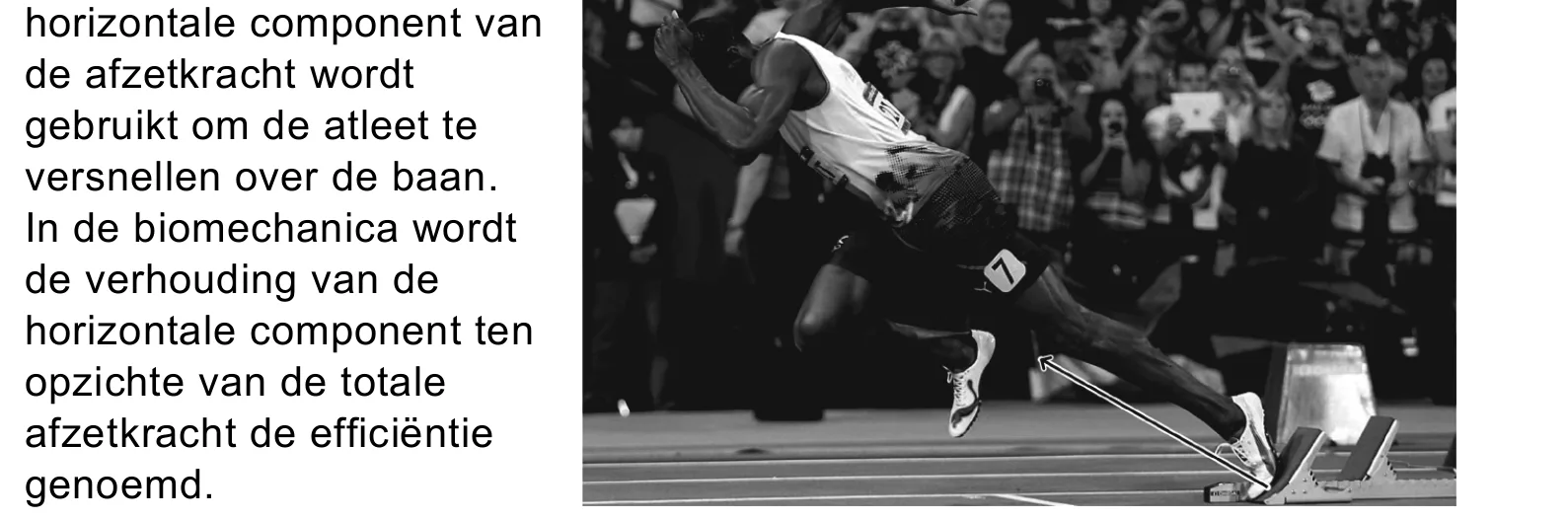horizontale component van de afzetkracht wordt gebruikt om de atleet te versnellen over de baan. In de biomechanica wordt de verhouding van de horizontale component ten opzichte van de totale afzetkracht de efficiëntie