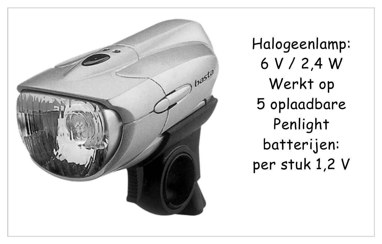Halogeenlamp: 6 V / 2,4 W Werkt op 5 oplaadbare Penlight batterijen: per stuk 1,2 V