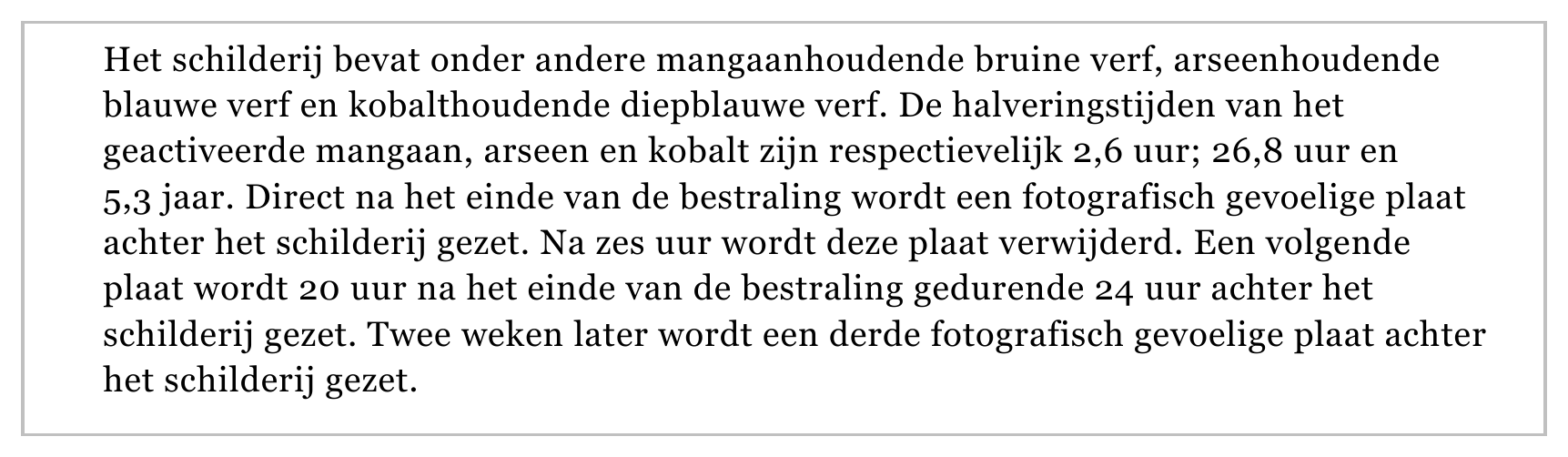 Het schilderij bevat onder andere mangaanhoudende bruine verf, arseenhoudende blauwe verf en kobalthoudende diepblauwe verf. De halveringstijden van het geactiveerde mangaan, arseen en kobalt zijn respectievelijk 2,6…
