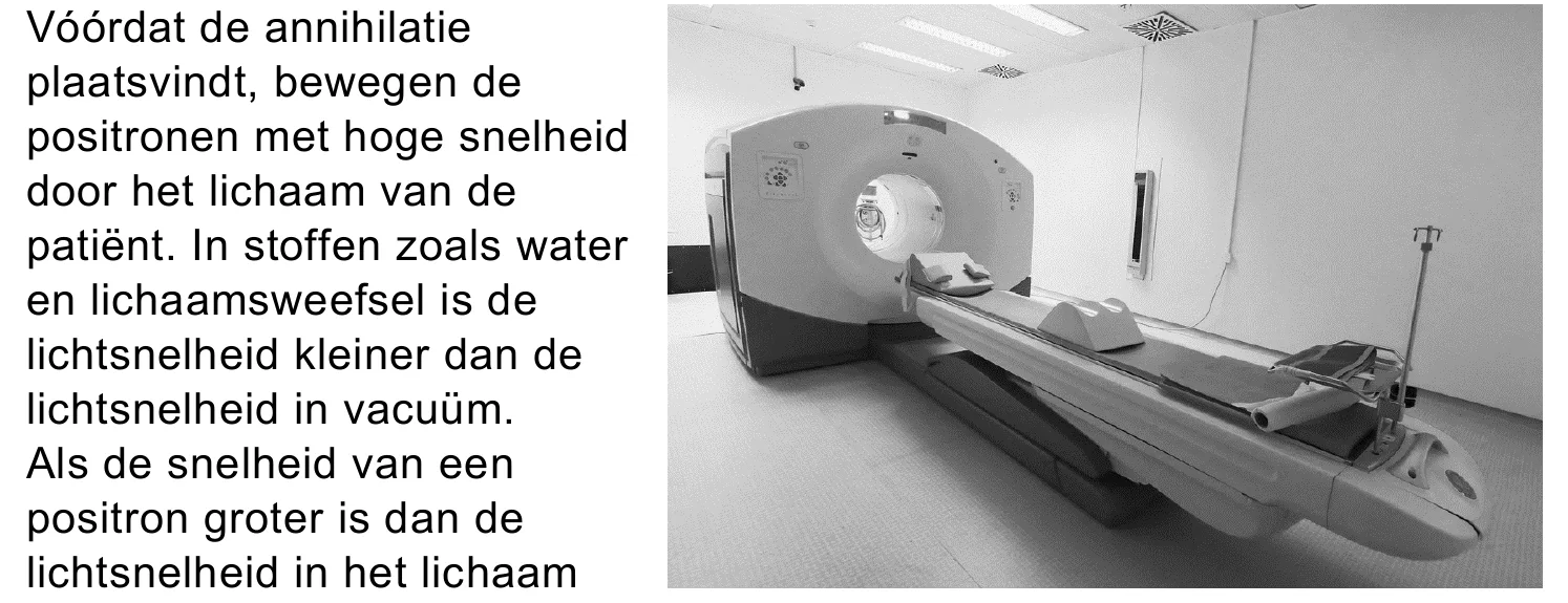 Vóórdat de annihilatie plaatsvindt, bewegen de positronen met hoge snelheid door het lichaam van de patiënt. In stoffen zoals water en lichaamsweefsel is de lichtsnelheid kleiner dan de lichtsnelheid in vacuüm. Als…